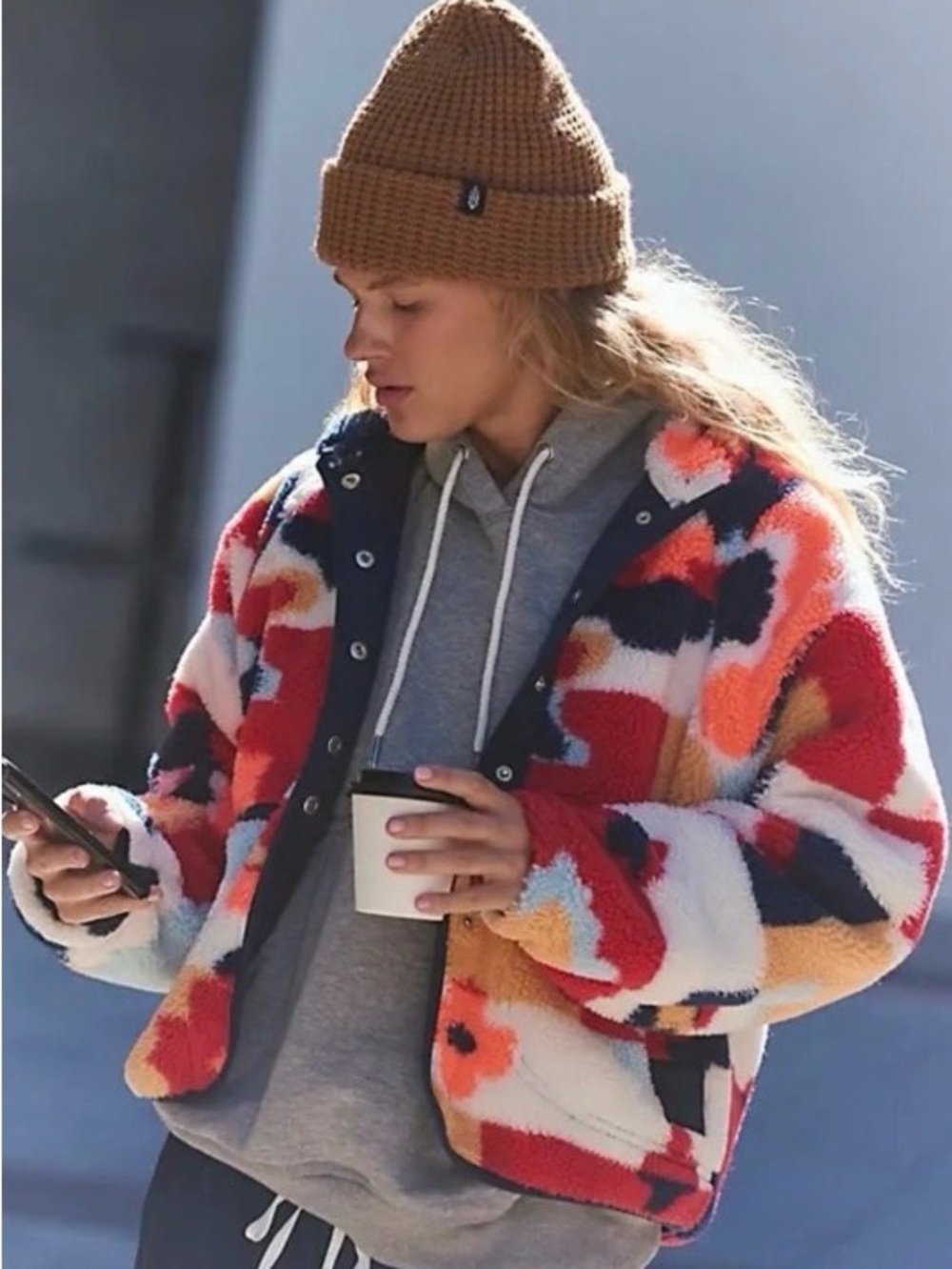 Free People Women's Multicolor Sherpa Fleece Jacket - Cozy Abstract Print